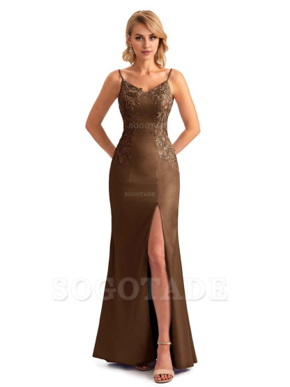 Sexy Side Split Mermaid Spaghetti Straps Soft Satin Unique Lace Long Bridesmaid Dresses