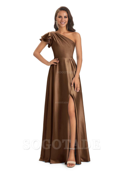 A-Line One Shoulder Ladies Long Bridesmaid Dresses Soft Satin Side Slit Elegant Evening Party Dress