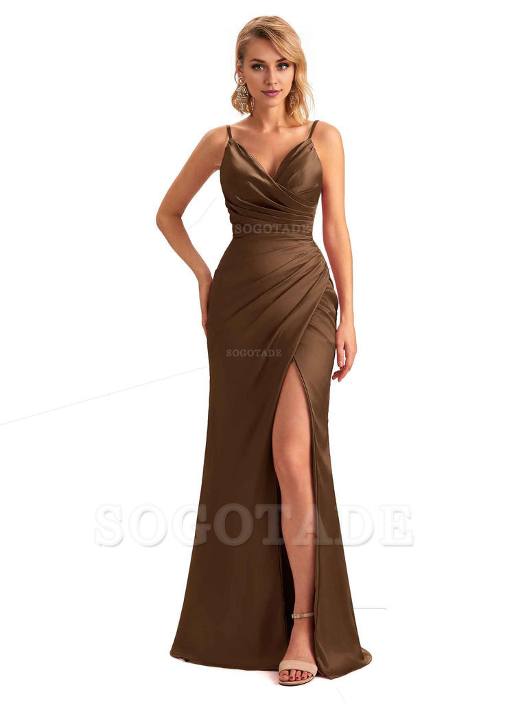 Sexy Side Slit V-Neck Mermaid Silky Satin Unique Long Formal Ladies Bridesmaid Dresses