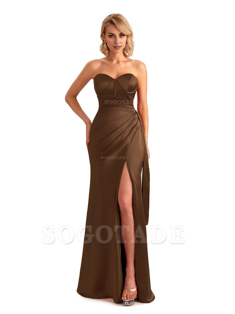 Sexy Side Slit Strapless Mermaid Soft Satin Unique Long Bridesmaid Dress For Wedding