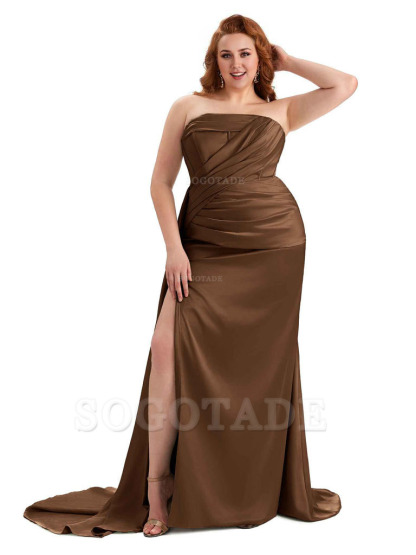 Sexy Side Slit Mermaid Soft Satin Formal Wedding Plus Size Bridesmaid Dresses