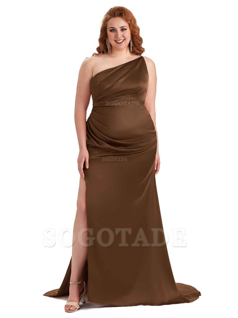 Sexy One Shoulder Side Slit Mermaid Soft Satin Long Plus Size Bridesmaid Dress For Wedding