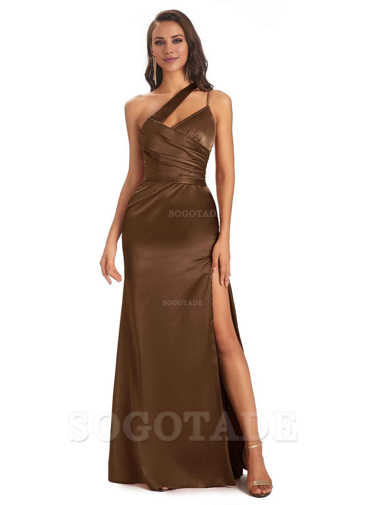 Elegant Soft Satin Side Slit One Shoulder Floor-Length Maxi Bridesmaid Dresses Evening Party Dress