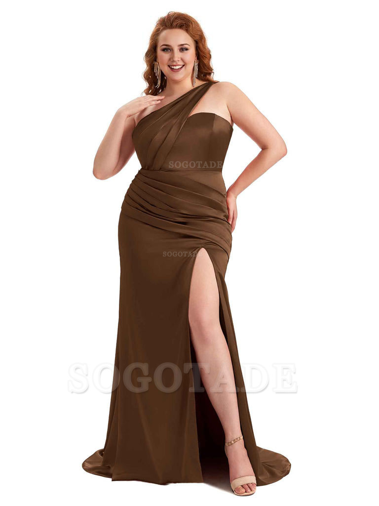 Sexy Side Slit One Shoulder Mermaid Soft Satin Long Plus Size Matron of Honor Dress For Wedding