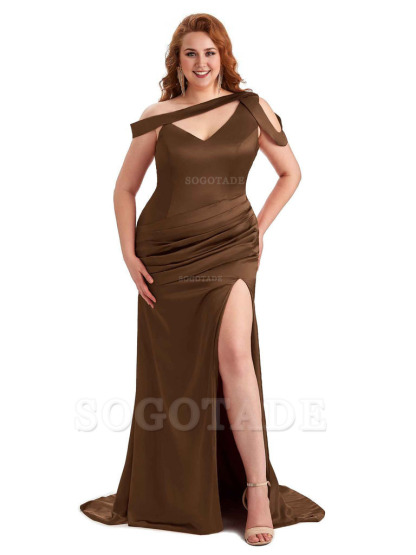 Sexy V-Neck Side Slit Unique Mermaid Soft Satin Long Plus Size Bridesmaid Dress For Wedding