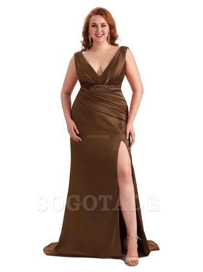 Elegant V-neck Side Slit Mermaid Soft Satin Long Plus Size Bridesmaid Dress For Wedding