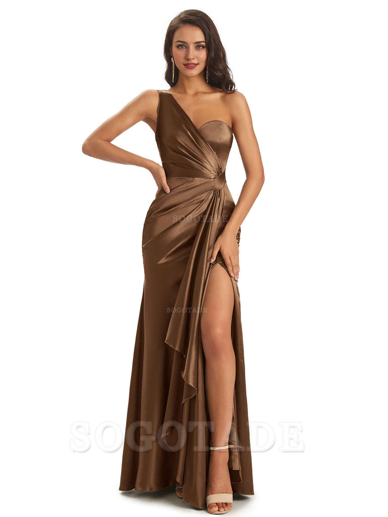 Elegant Soft Satin Side Slit One Shoulder Unique Mermaid Bridesmaid Dresses Online prom dresses shops