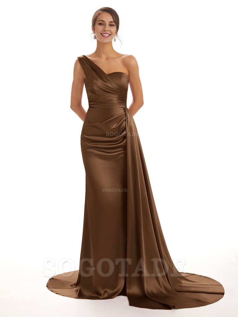 Elegant One Shoulder Soft Satin Unique Mermaid Long Bridesmaid Dresses Online prom dresses shops
