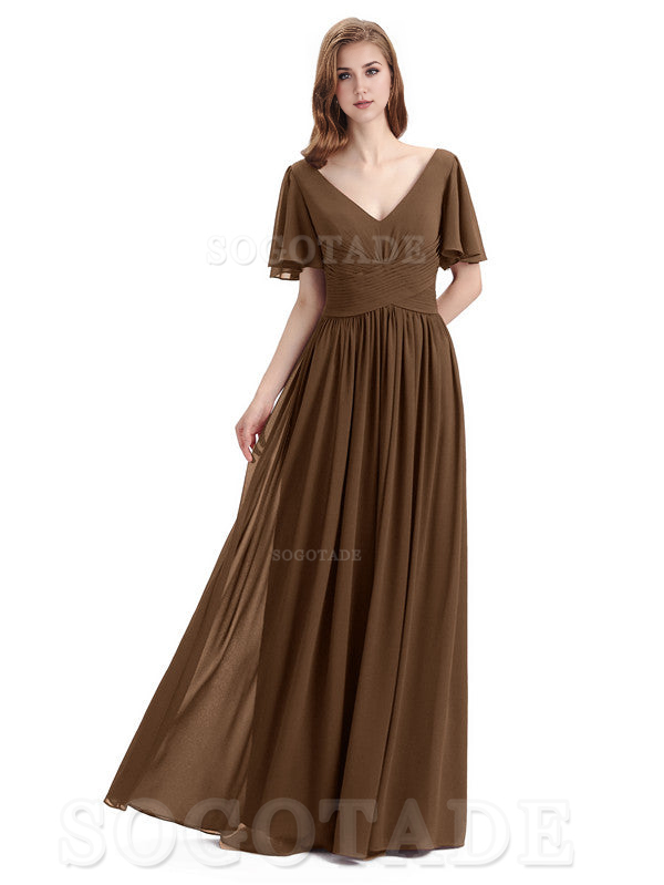 A-Line Chiffon Short Sleeves Elegant Floor-Length Bridesmaid Dresses Formal Women's Dresses Wedding Guests Dresses