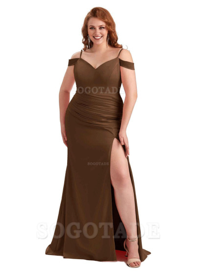 Sexy Side Slit Mermaid Cold Shoulder Soft Satin Long Plus Size Bridesmaid Dresses Online