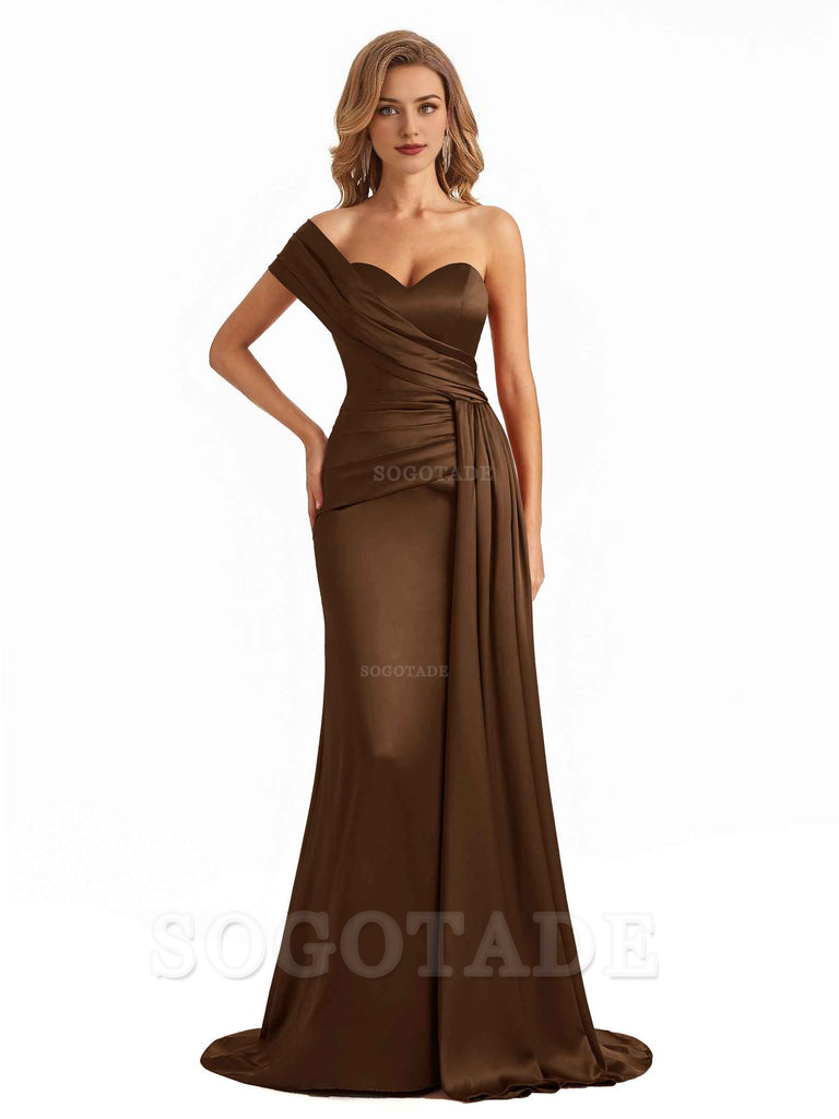 Elegant One Shoulder Soft Satin Long Mermaid Bridesmaid Dresses Online prom shop dresses ﻿
