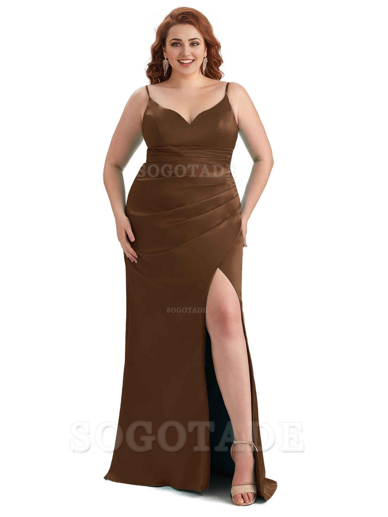 Sexy Side Slit Spaghetti Straps Mermaid Soft Satin Long Plus Size Maid of Honor Dresses