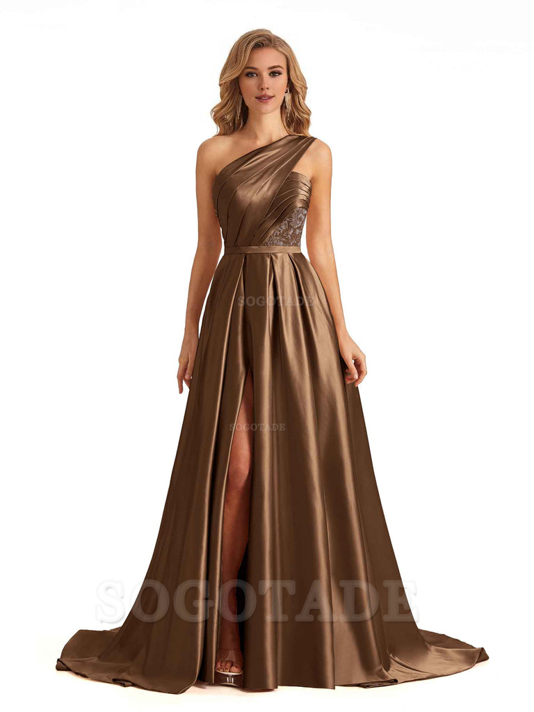 Sexy Side Slit One Shoulder A-Line Soft Satin Long Bridesmaid Dresses Online prom dress in store