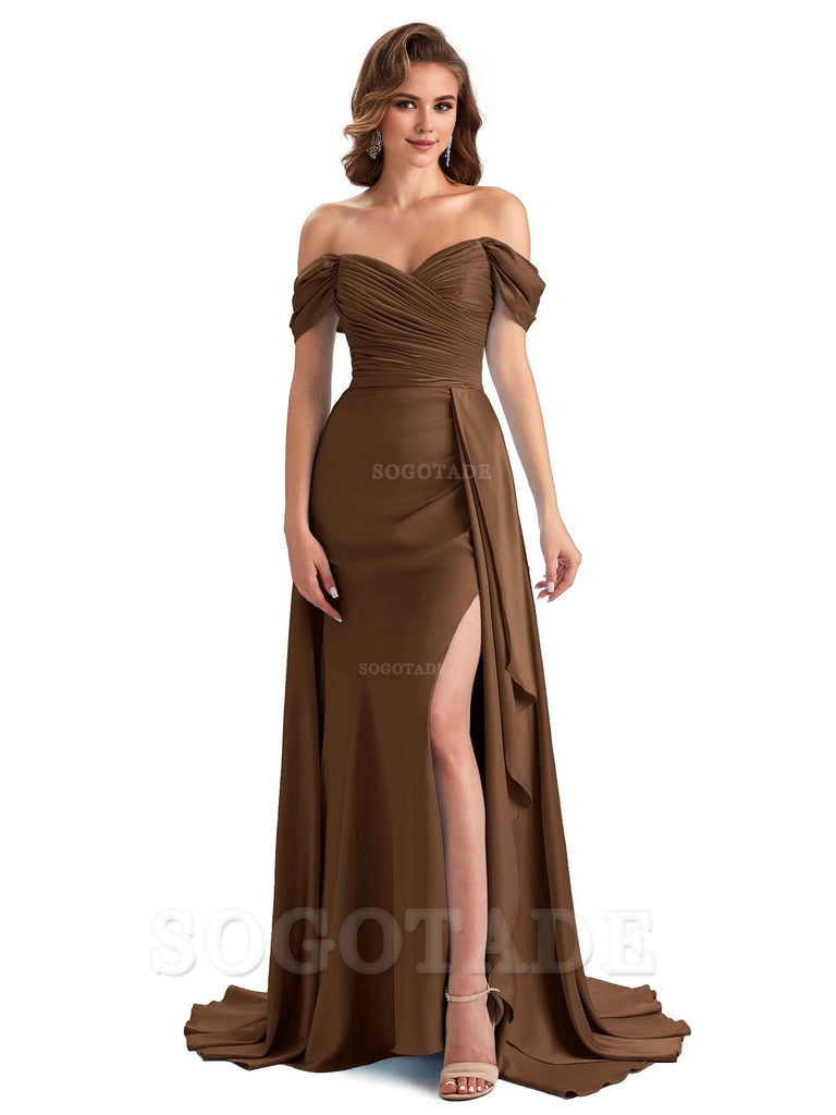 Sexy Side Slit Mermaid Soft Satin Off The Shoulder Long Unique Bridesmaid Dresses prom dress in store