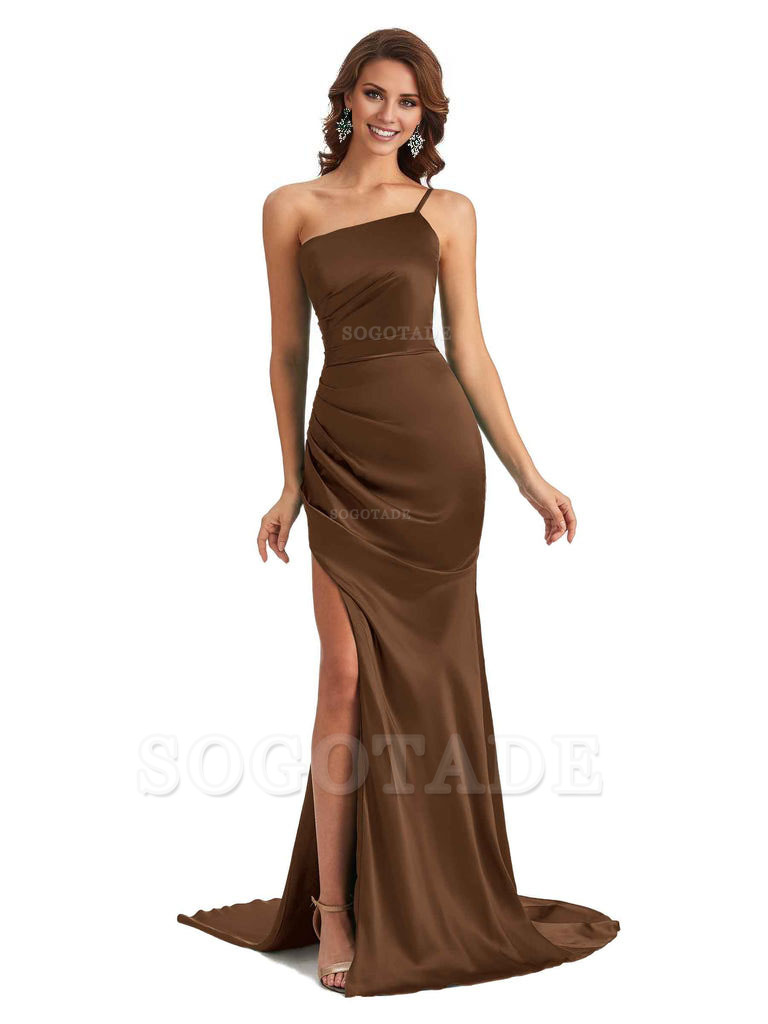 Sexy Silky Satin Side Slit One Shoulder Unique Long Wedding Guest Maxi Dresses