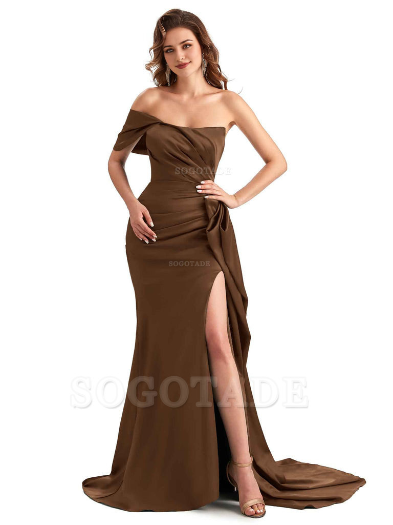 Sexy Side Slit Mermaid Silky Satin One Shoulder Chic Long Maid Of Honor Dresses