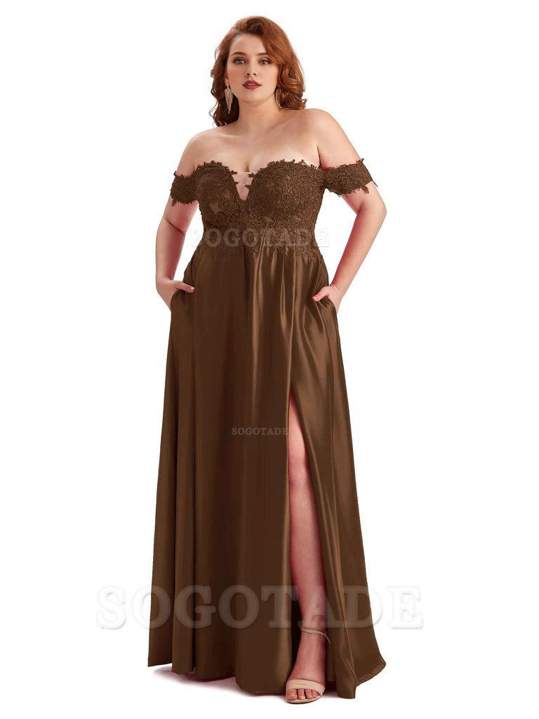 Off Shoulder Side Slit Lace Soft Satin Long Plus Size Bridesmaid Dresses For Wedding