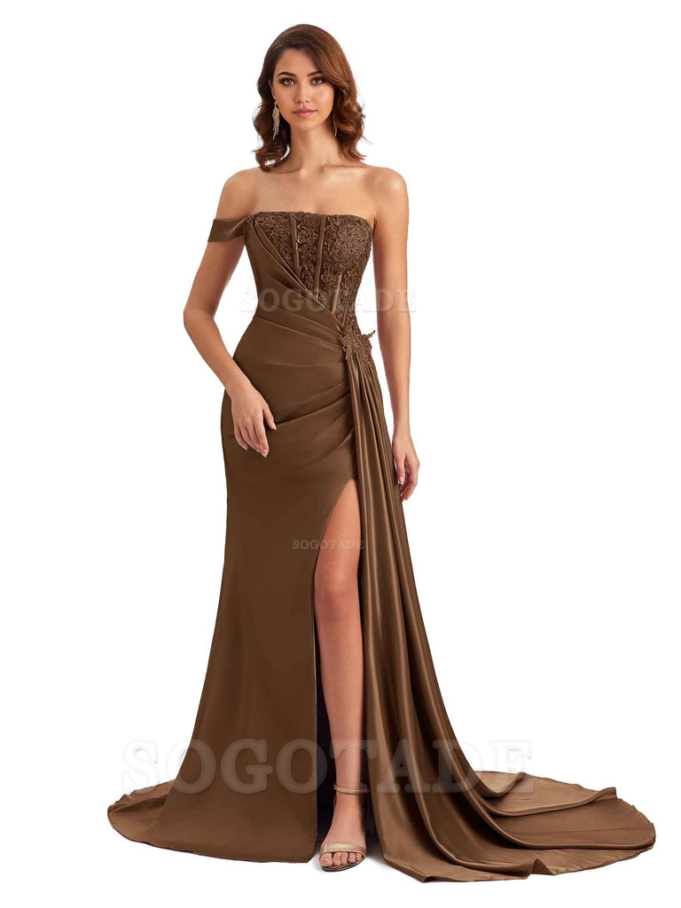 Mermaid Off Shoulder Applique formal dresses evening gown Bridesmaid Dresses With Side Slit 