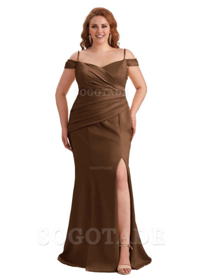 Elegant Cold Shoulder Side Slit Mermaid Soft Satin Long Plus Size Bridesmaid Gowns