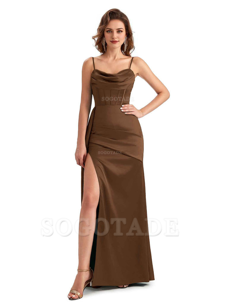 Sexy Side Slit Mermaid Silky Satin Spaghetti Straps Unique Wedding Guest Dresses
