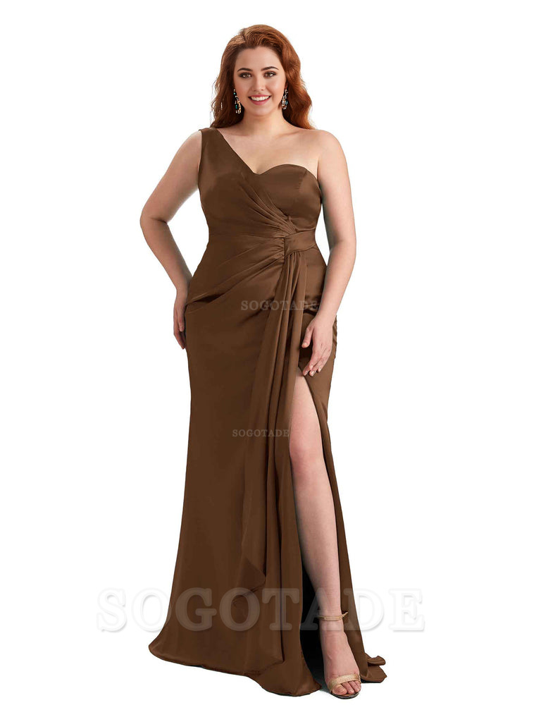  Sexy One Shoulder Side Hight Slit Mermaid Satin Floor Length Long Plus Size Bridesmaid Dress For Wedding