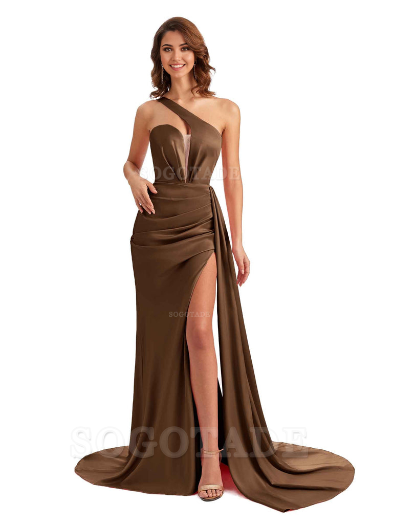 Mermaid One Shoulder Satin formal dresses evening gown Bridesmaid Dresses With Side Slit