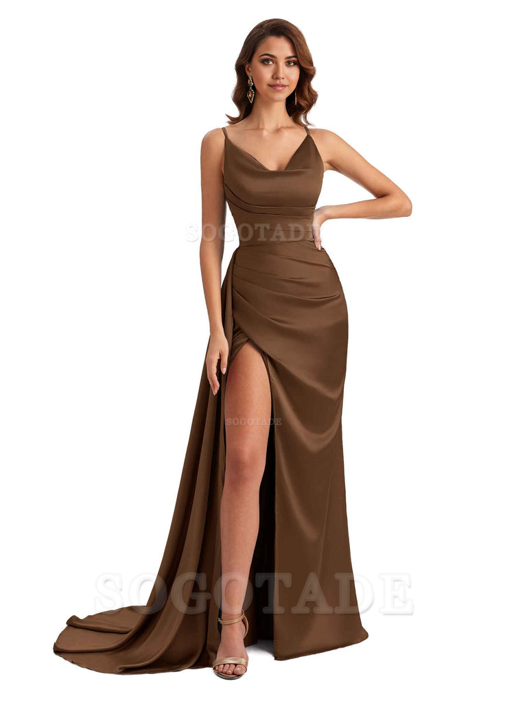 Mermaid Cowl Spaghetti Satin formal dresses evening gown Bridesmaid Dresses With Side Slit