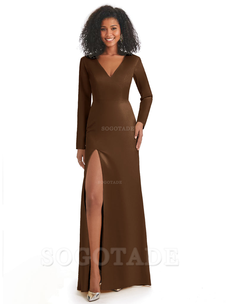 Soft Satin Side Slit Long Sleeves V-Neck Long African Mermaid Bridesmaid Dresses Elegant Evening Party Dress
