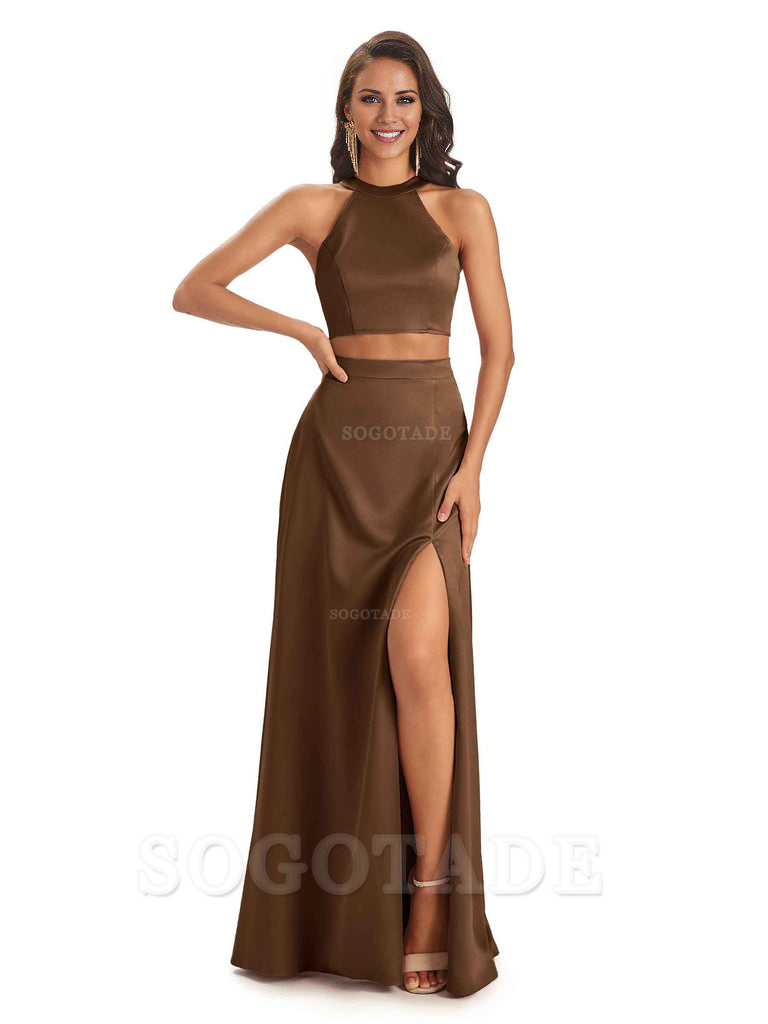 Soft Satin Two-Pieces Halter Side Slit Sexy Fashion Bridesmaid Dresses Charming Evening Party Dress