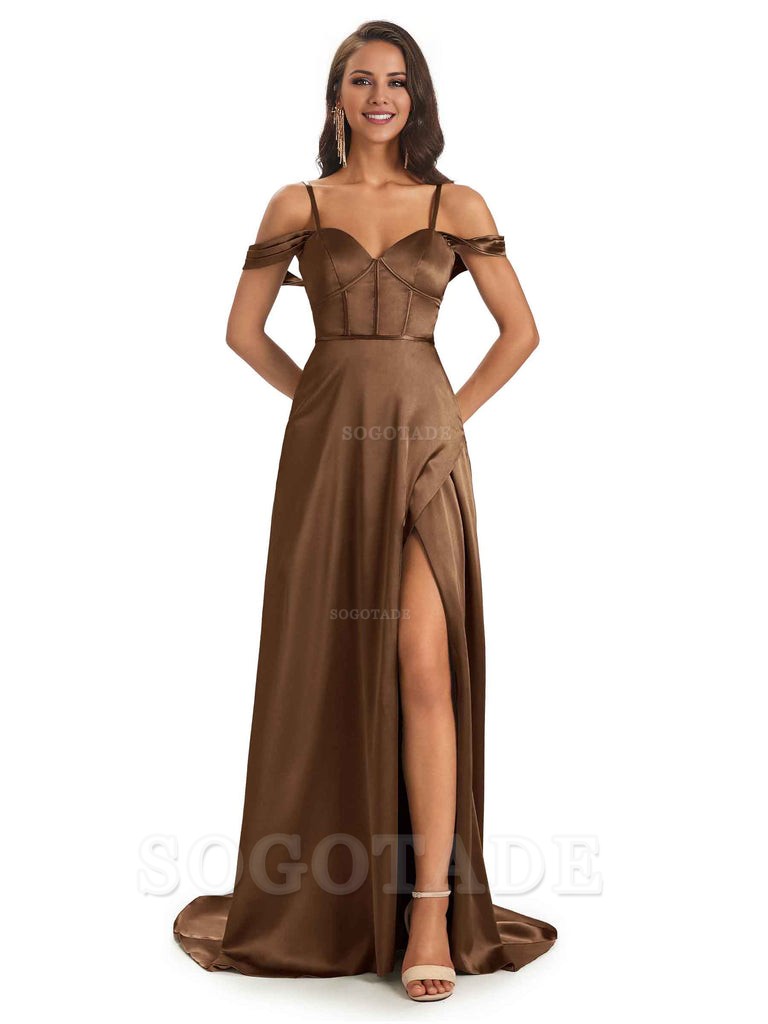 Stylish Soft Satin Side Slit Spaghetti Straps Bridesmaid Dresses Elegant Evening Party Dress