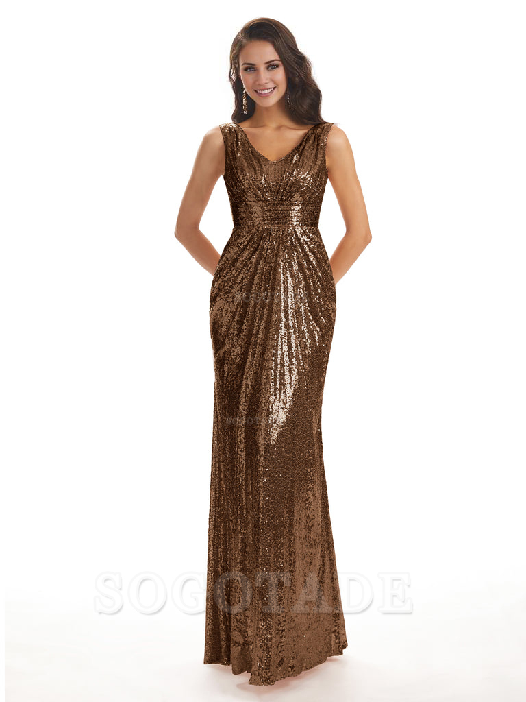 Sparkly V-Neck Sequin Long Mermaid Bridesmaid Dresses Sleeveless Charming Evening Party Dress
