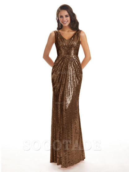 Sparkly V-Neck Sequin Long Mermaid Bridesmaid Dresses Sleeveless Charming Evening Party Dress