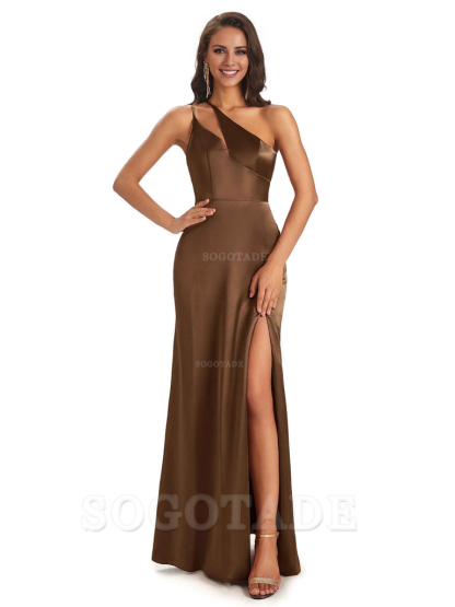 Sexy Soft Satin Side Slit One Shoulder Floor-Length Mermaid Long Bridesmaid Dresses Elegant Evening Party Dress