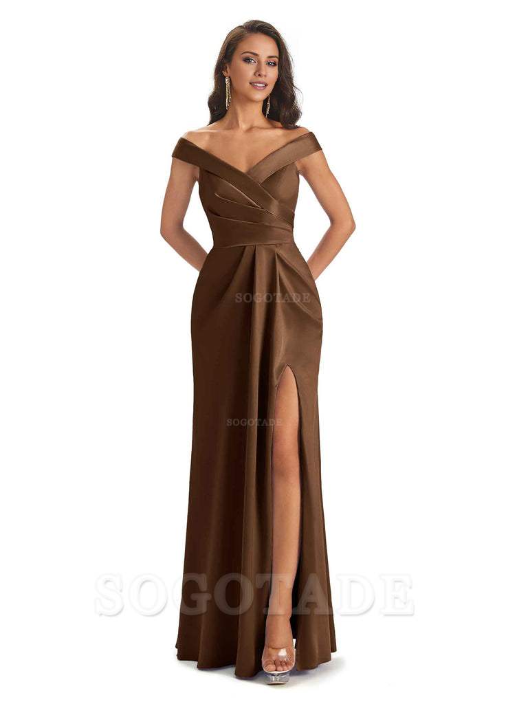 Sexy Soft Side Slit Off Shoulder V-Neck Long Satin Ladies Bridesmaid Dresses Elegant Evening Party Dress