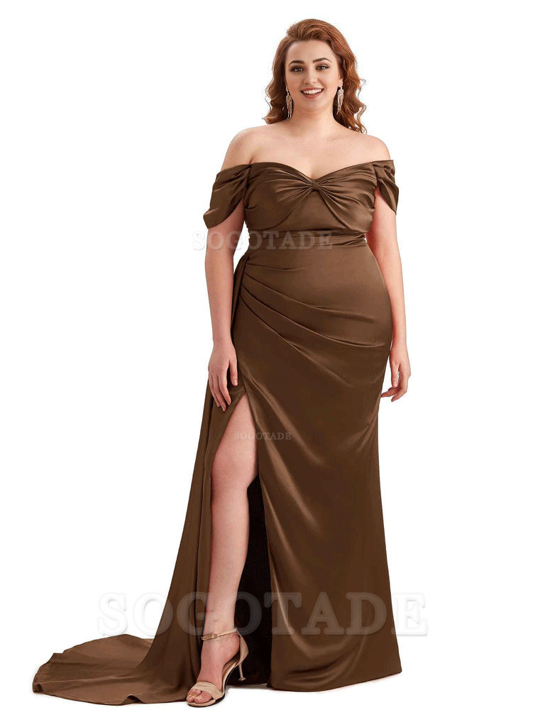  Sexy Side Slit Off The Shoulder Mermaid Soft Satin Long Plus Size Bridesmaid Dress For Wedding