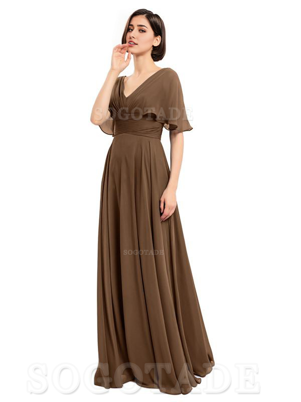  V-Neck Cap Sleeves Sleeves Chiffon Long Elegant Bridesmaid Dresses Formal Wear Dresses