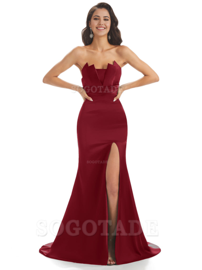 Mermaid sleeveless Satin formal dresses evening gown Bridesmaid Dresses With Side Slit 