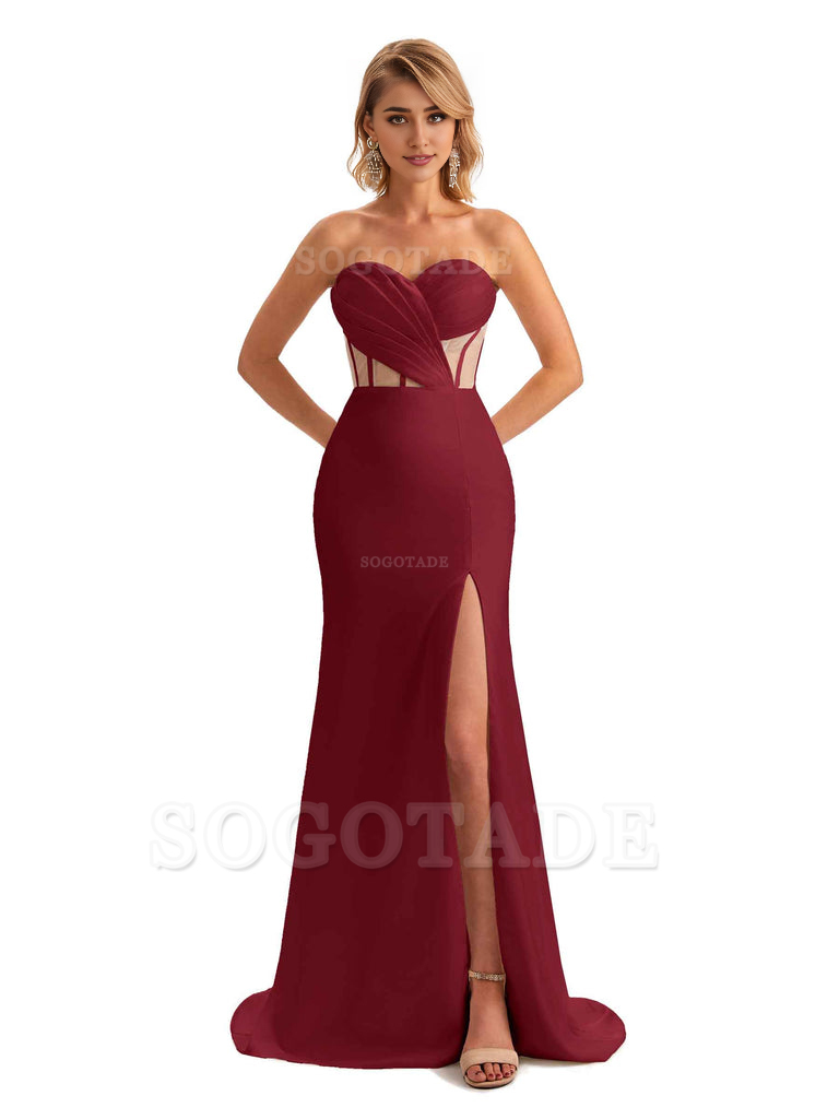 Sexy Sweetheart Strapless Side Slit Mermaid Soft Satin Unique Long Bridesmaid Dress For Wedding