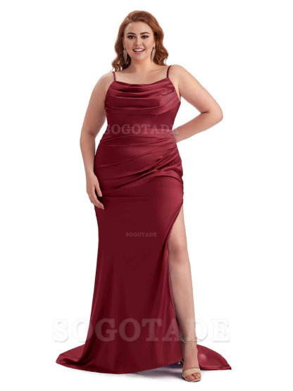 Sexy Jewel Side Slit Mermaid Soft Satin Long Plus Size Bridesmaid Dress For Wedding