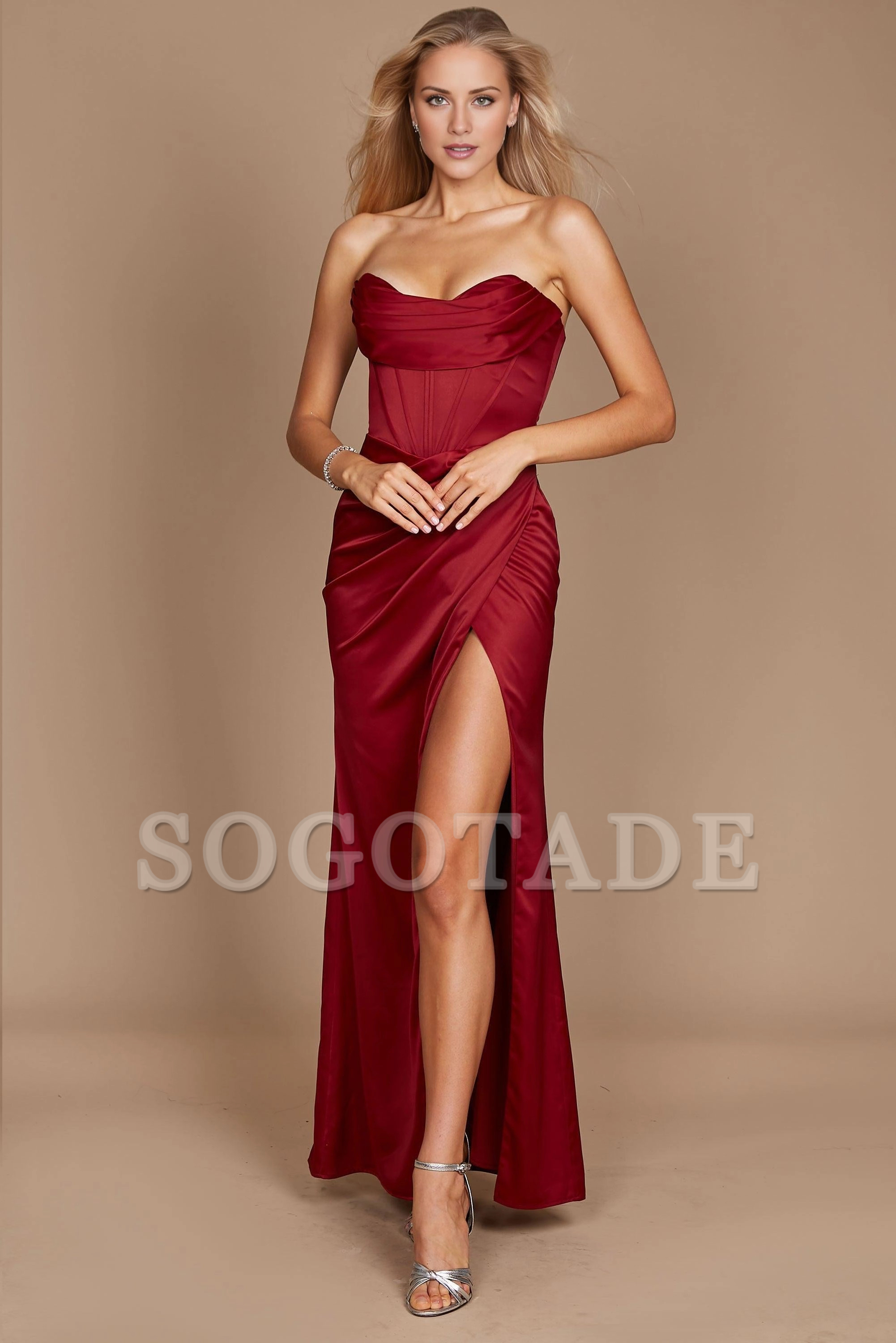 Women's Formal Dresses Elegant Long Prom Gowns Evening Dresses Floor Length Satin with Ruched Slit