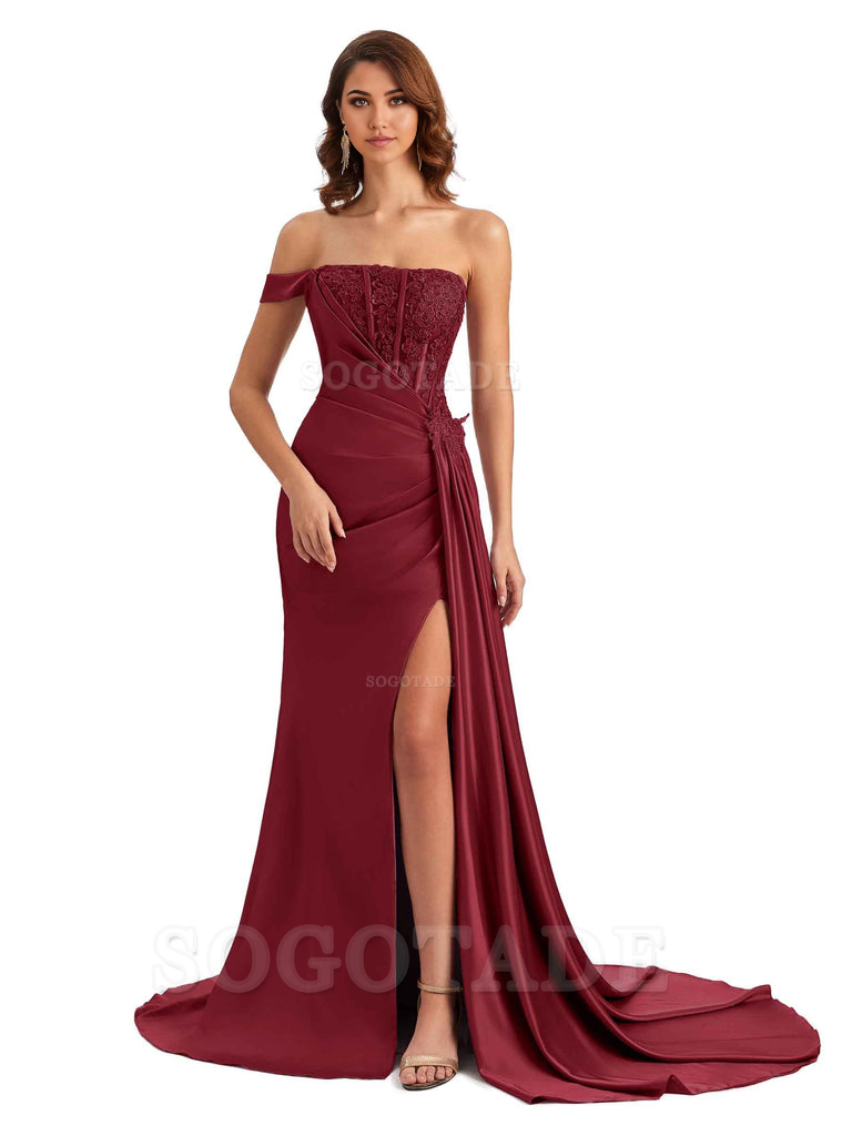 Mermaid Off Shoulder Applique formal dresses evening gown Bridesmaid Dresses With Side Slit 