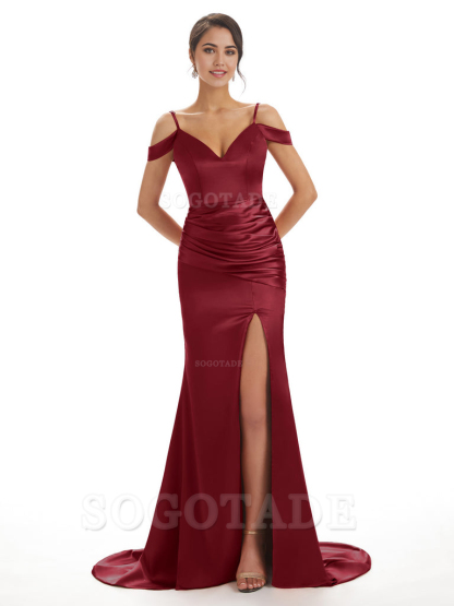 Mermaid Off The Shoulder Satin formal dresses evening gown Bridesmaid Dresses With Side Slit 