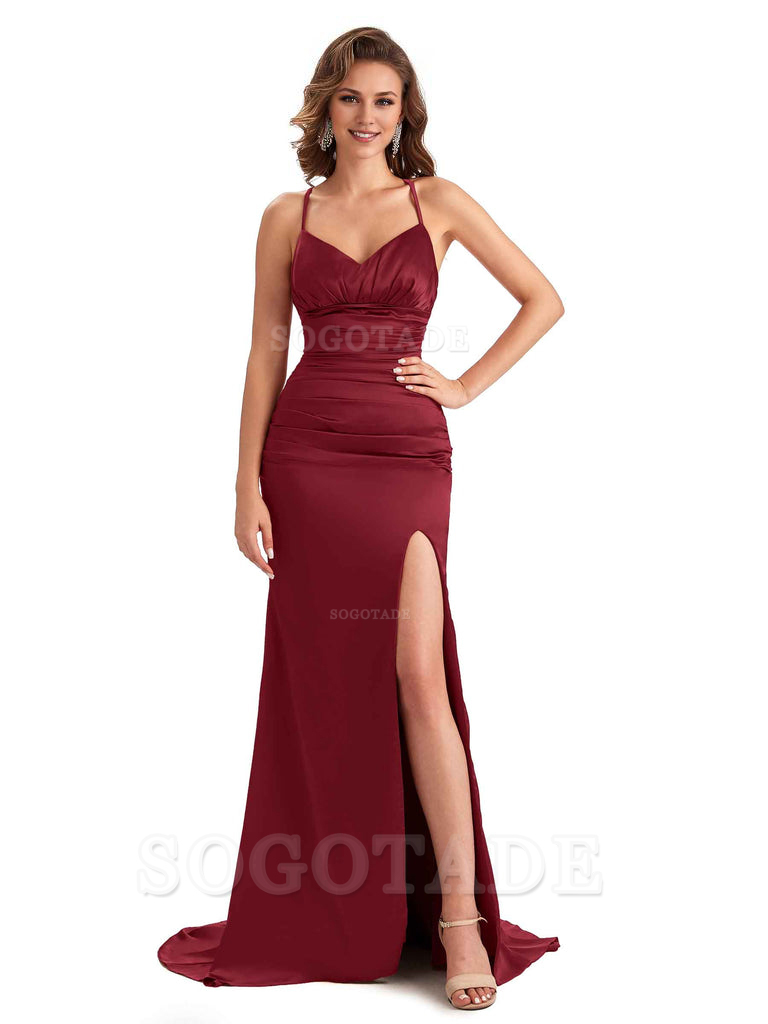 Sexy Mermaid Silky Satin Side Slit One Shoulder Unique Long Wedding Guest Dresses