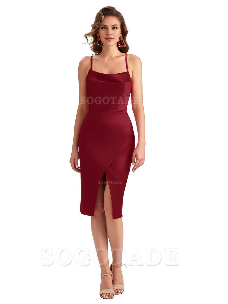 Elegant Spaghetti Straps Mermaid Soft Satin Knee Length Short Bridesmaid Dresses