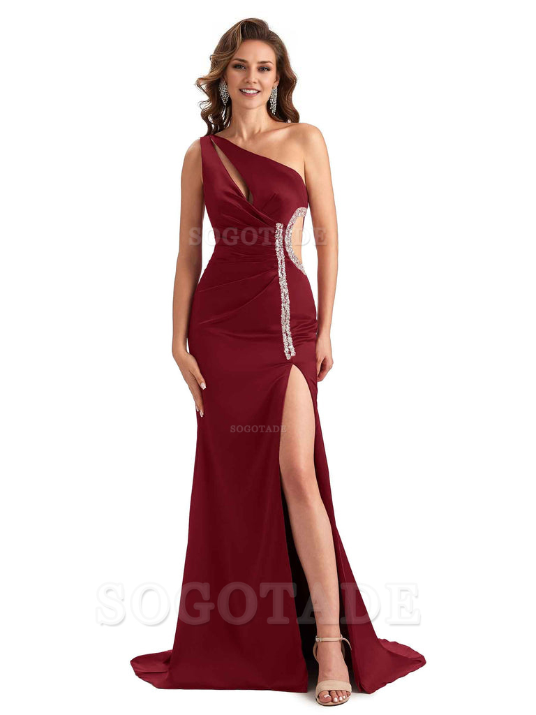 Sexy Side Slit Mermaid Soft Satin One Shoulder Lace Long Bridesmaid Dresses
