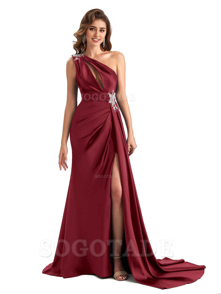 Sexy Side Slit Mermaid Soft Satin One Shoulder Lace Long Modern Bridesmaid Dresses