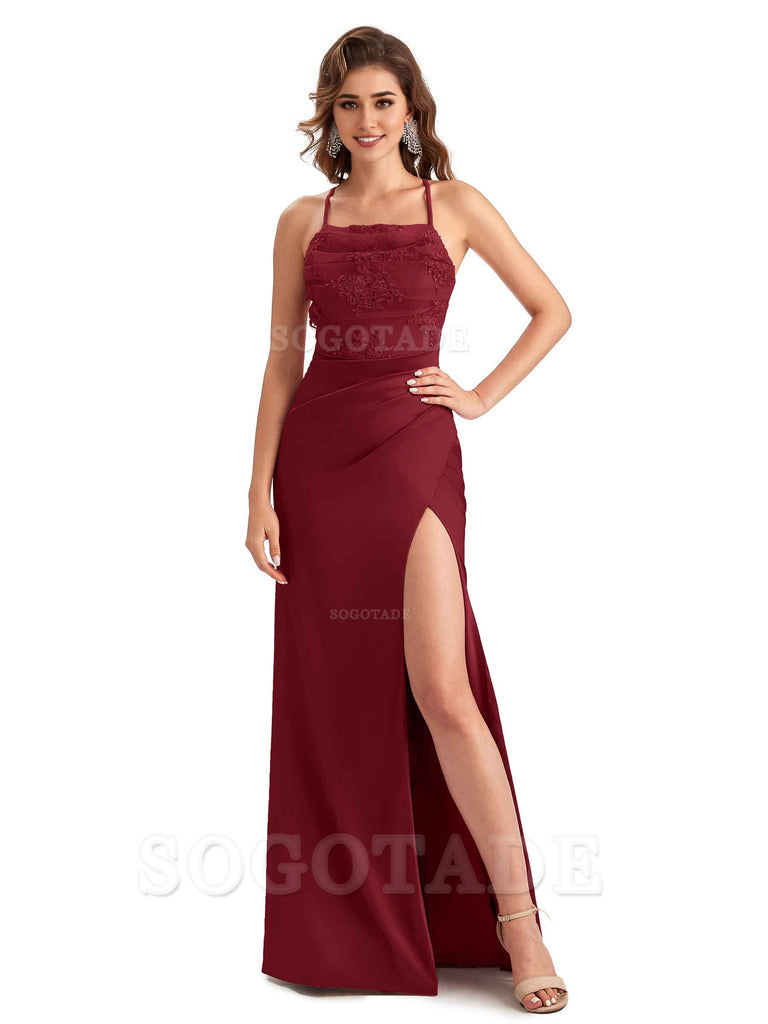 Sexy Side Slit Mermaid Lace Silky Satin Long Wedding Day Guest Dresses