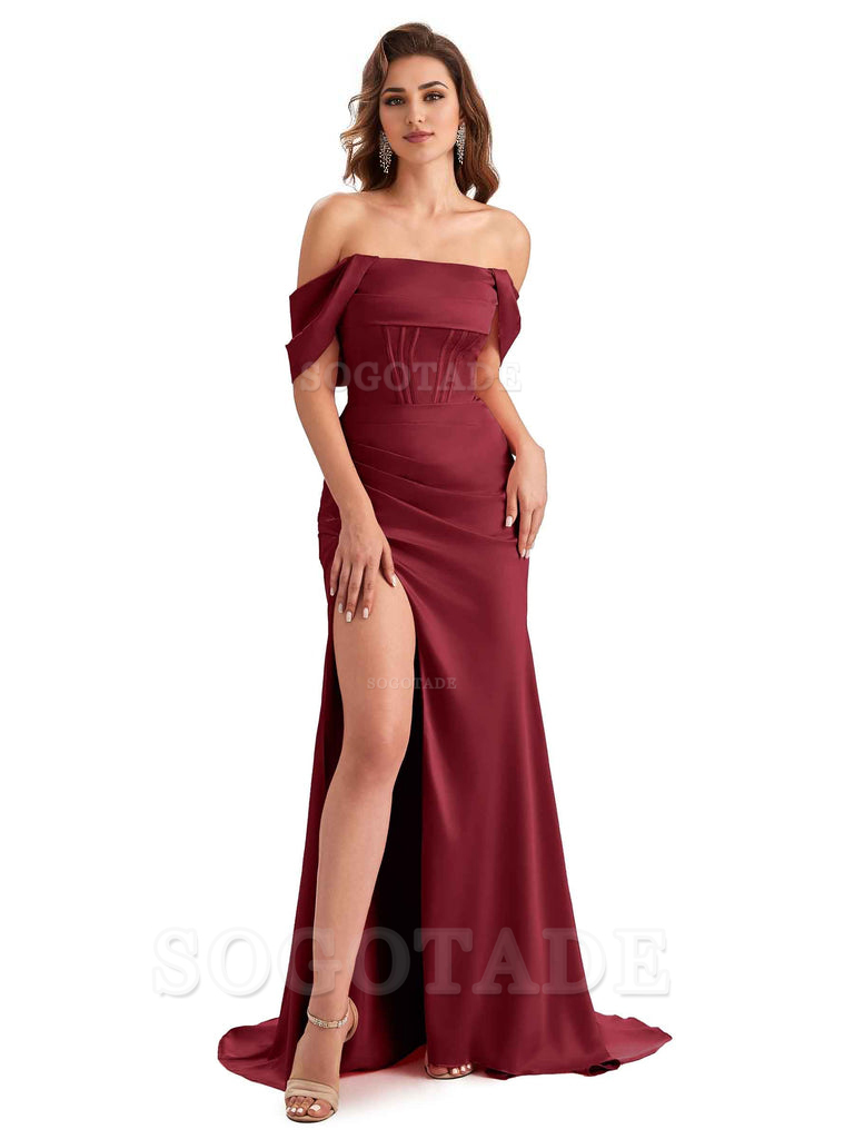 Sexy Side Slit Mermaid Soft Satin Off The Shoulder Unique Long Wedding Attendee Dresses