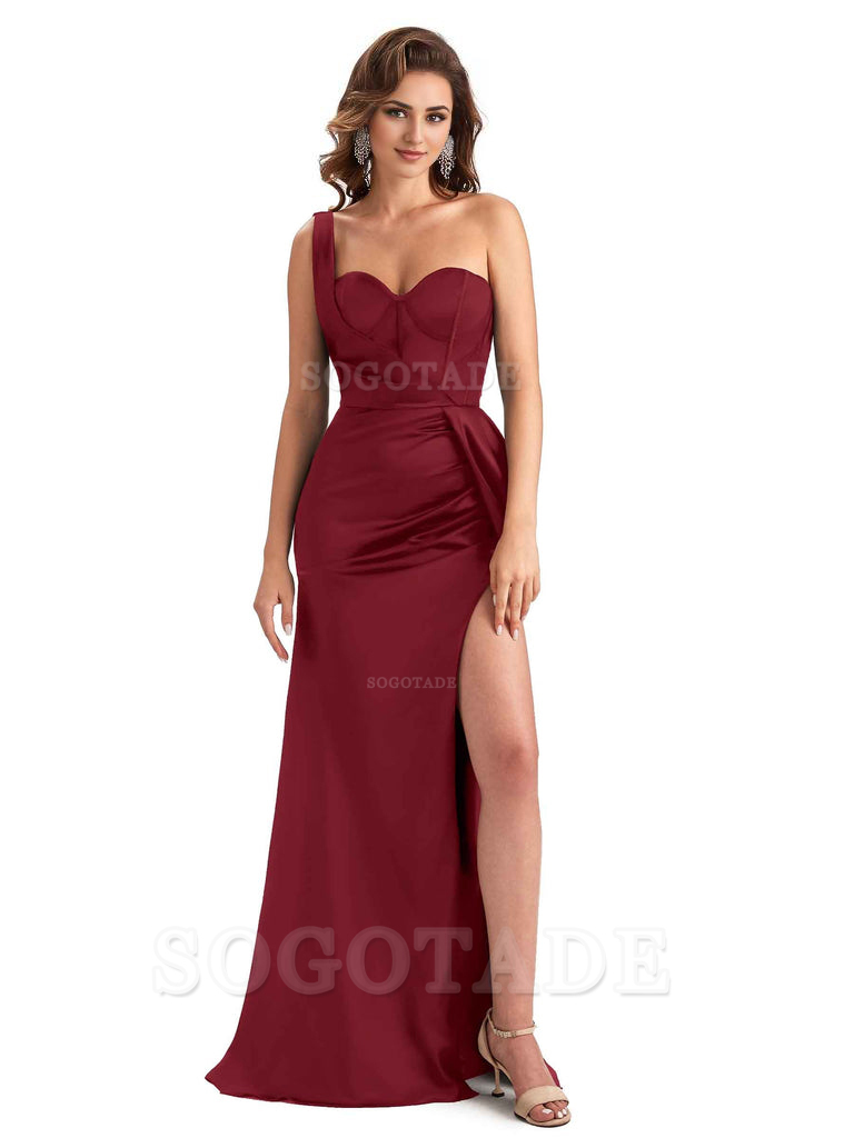Sexy Mermaid Silky Satin Side Slit One Shoulder Unique Long Wedding Guest Dresses