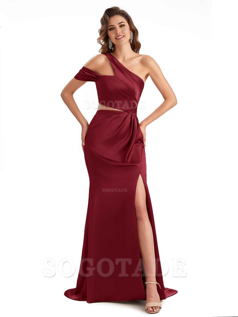 Sexy Side Slit Mermaid Soft Satin One Shoulder Long Unique Bridesmaid Dresses